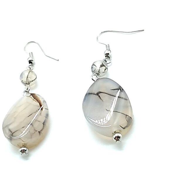 Marbled Acrylic Beaded Dangle Earrings on Silver-tone Coiled Fishhook Wire - Picture 2 of 8